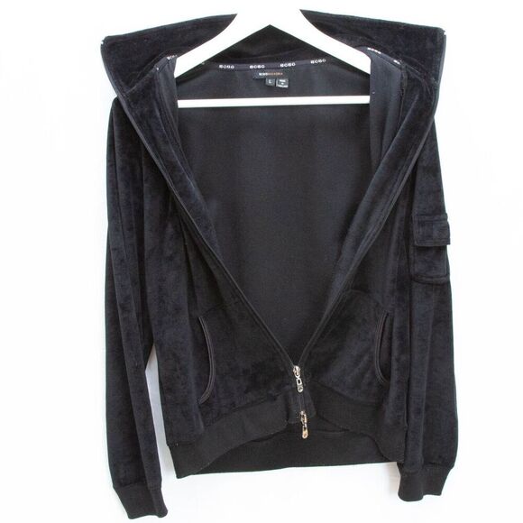 Vgt Y2K BCBG Rhinestones Bling Logo Black Velvet Tracksuit Jacket Sz L Full Zip - Picture 7 of 10